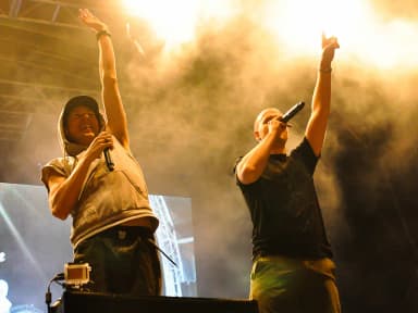 Hilltop Hoods: MCs Suffa (left) and Pressure (right) of Hilltop Hoods performing at Groovin the Moo 2012 in Maitland, New South Wales