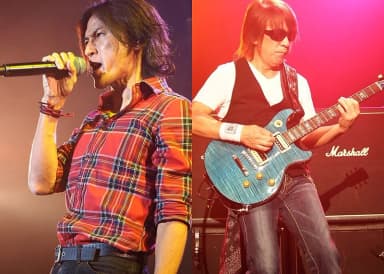 B'z: Koshi Inaba and Tak Matsumoto of B'z. A crop/montage derived from images with Creative Commons licenses on Wikimedia Commons.