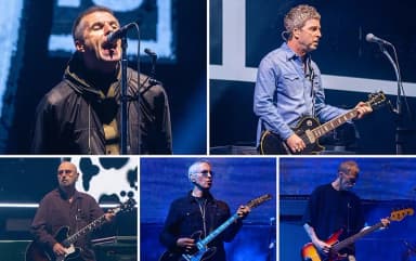 Oasis: Top: Liam and Noel Gallagher. Bottom: Paul Arthurs, Gem Archer, and Andy Bell.